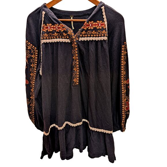 Free People Mini Tunic Embroidered Drop Waist Balloon Sleeve - S - New - Picture 3 of 8